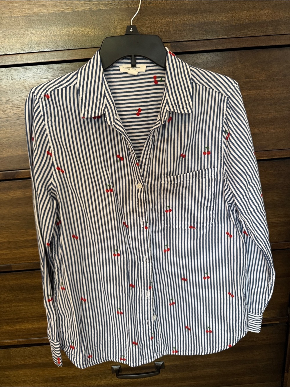 beachlunchlounge Navy and White Striped Button-Down with Red Cherry Embroidery